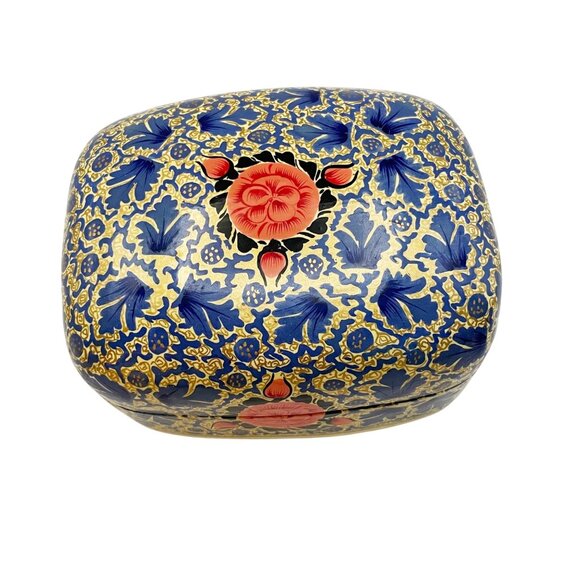 Vintage Indian Kashmiri Papier Mache Hand Painted Lacquer Floral Trinket Box - Picture 4 of 8